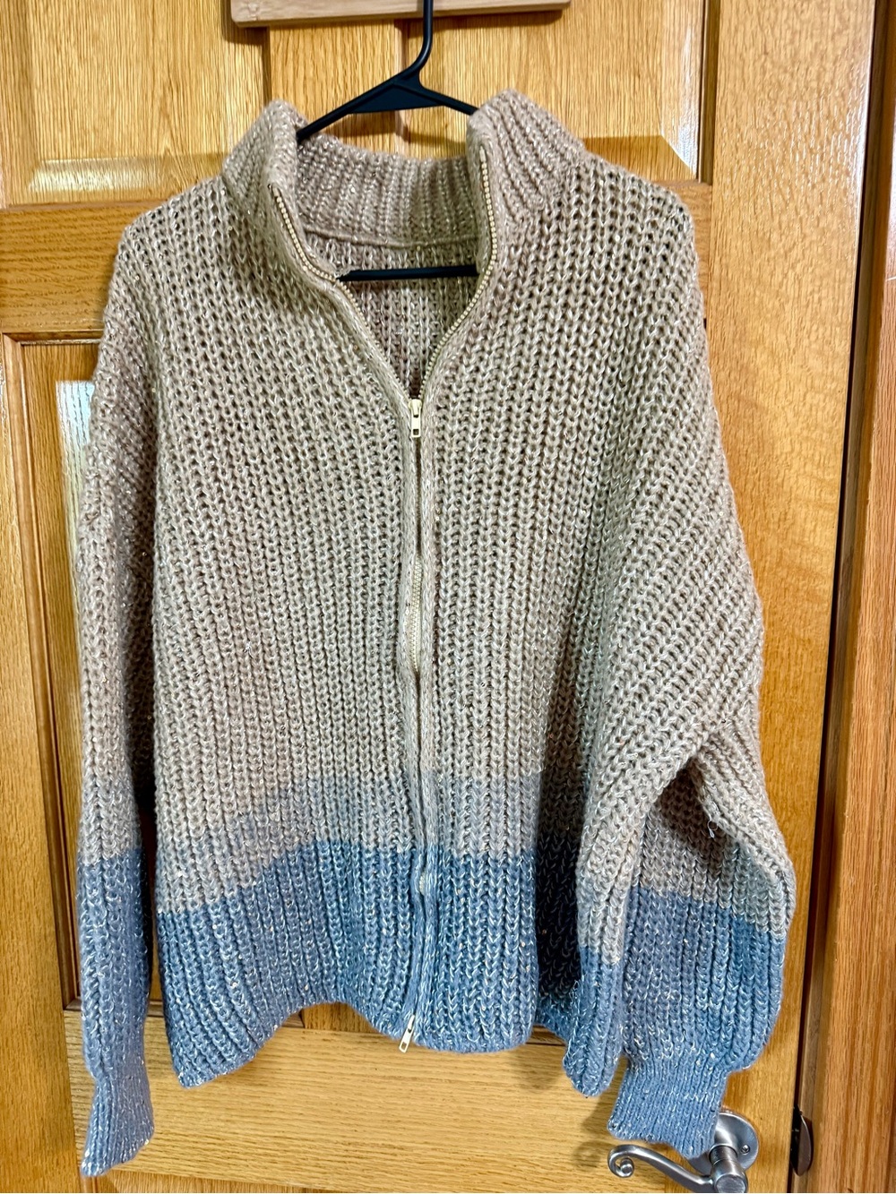 Chunky Knit Zip-Front Sweater Jacket in Beige and Blue with gold sequins NWOT